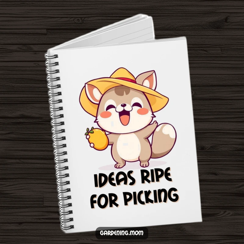 Funny notebook cover with an excited animal in a sun hat reaching for fruit, perfect for summer notes and ideas.