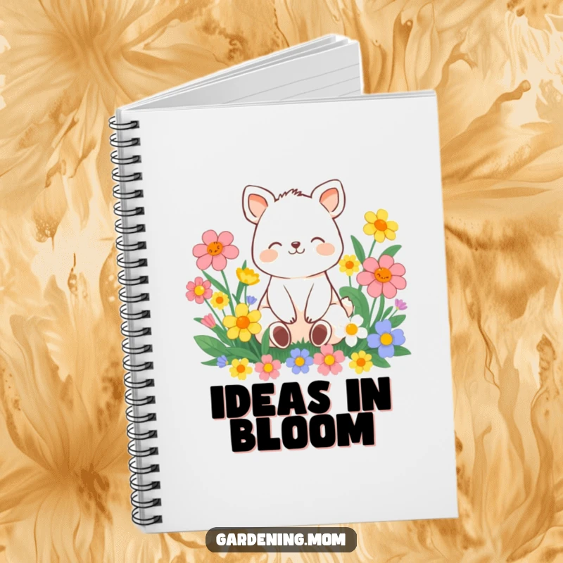 Funny contented animal character sitting amongst vibrant flowers with a peaceful smile, on the cover of a notebook for writing or sketching.