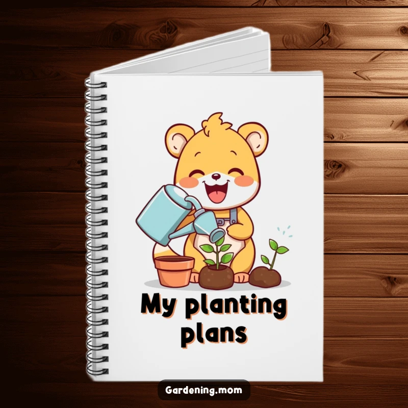 Funny gardening animal notebook: a delighted critter joyfully waters a tiny green sprout with a watering can, inspiring notes and doodles with charm.