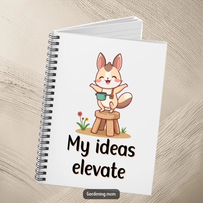 Funny gardening animal character gleefully bouncing on a small garden stool, ideal for jotting down gardening notes or funny thoughts.