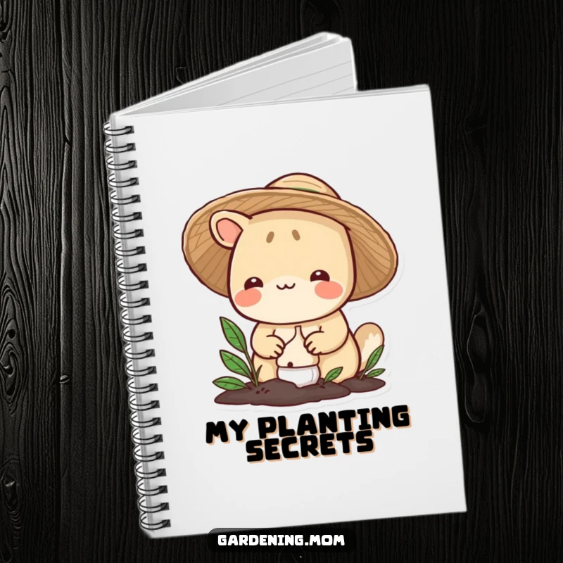 Funny gardening animal notebook: a smiling critter in a straw hat carefully plants a bulb, inspiring note-taking with a touch of dedication.