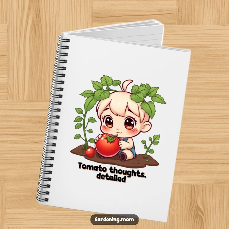 Funny notebook cover featuring a curious gardening character inspecting a plump tomato, inspiring ideas and organization.