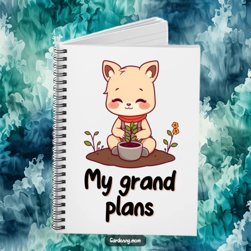 Funny notebook with a cute gardening mom animal planting a seedling, perfect for journaling gardening tips and creative ideas.