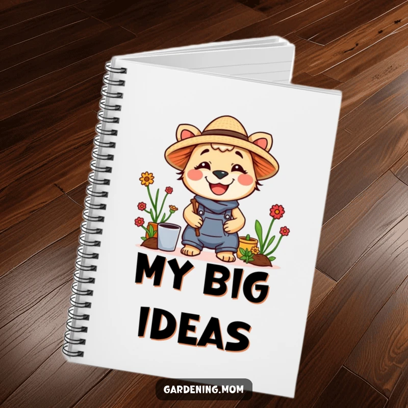 Funny notebook with a cute gardening mom animal wearing a straw hat and smiling, perfect for journaling happy moments and ideas.