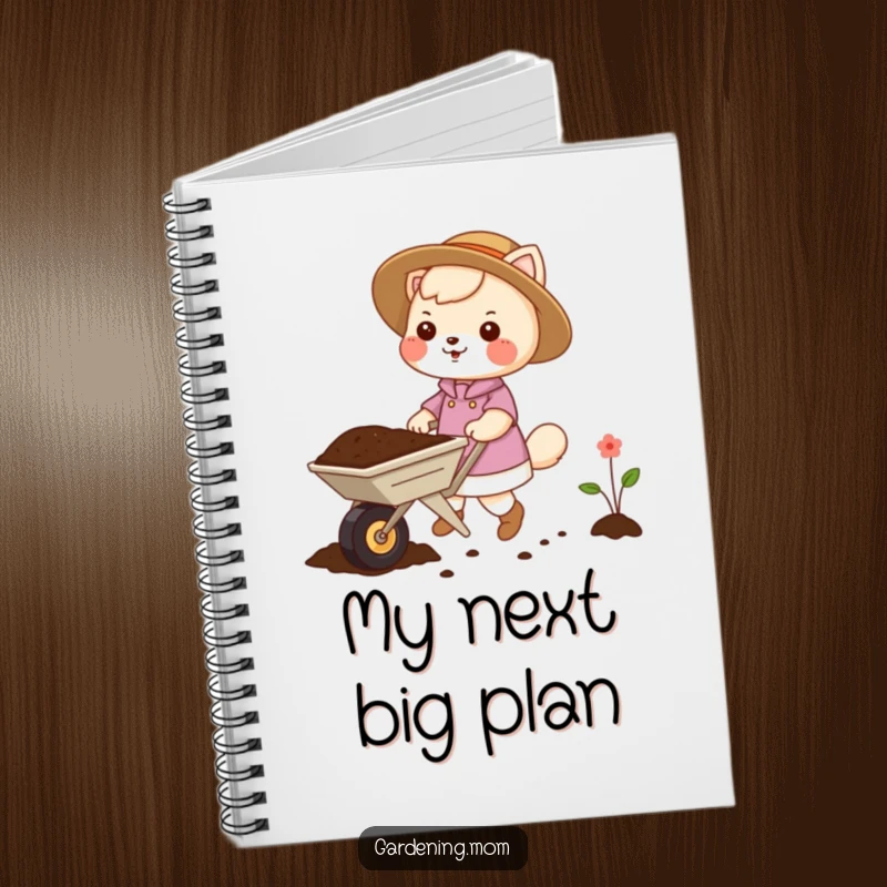Funny gardening mom animal notebook cover: an animal mom pushing a small wheelbarrow filled with soil, a planning tool.