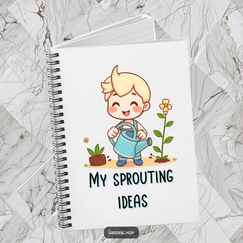 Funny notebook cover featuring a smiling gardener with a watering can, tending to a sprout.