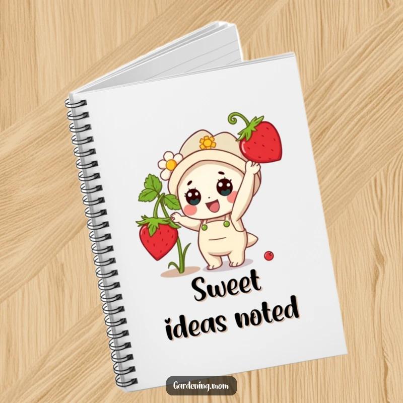 Funny Notebook: A kawaii gardening character reaching for a ripe strawberry, ideal for notes and plans.
