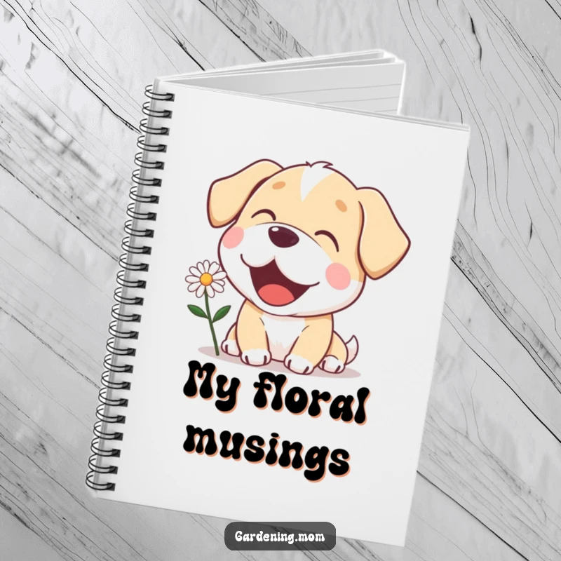 Funny mama dog notebook with a delighted expression, admiring a blooming daisy, perfect for journaling garden notes or creative ideas.