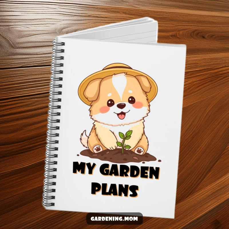 Funny Mama Dog Gardener Journal: A fluffy mama dog with a sun hat is shown happily planting a seedling.