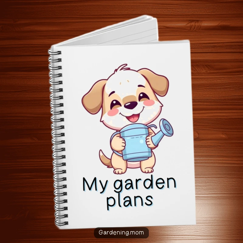Funny mama dog notebook with a big smile, holding a watering can, perfect for jotting down gardening tips or daily thoughts.