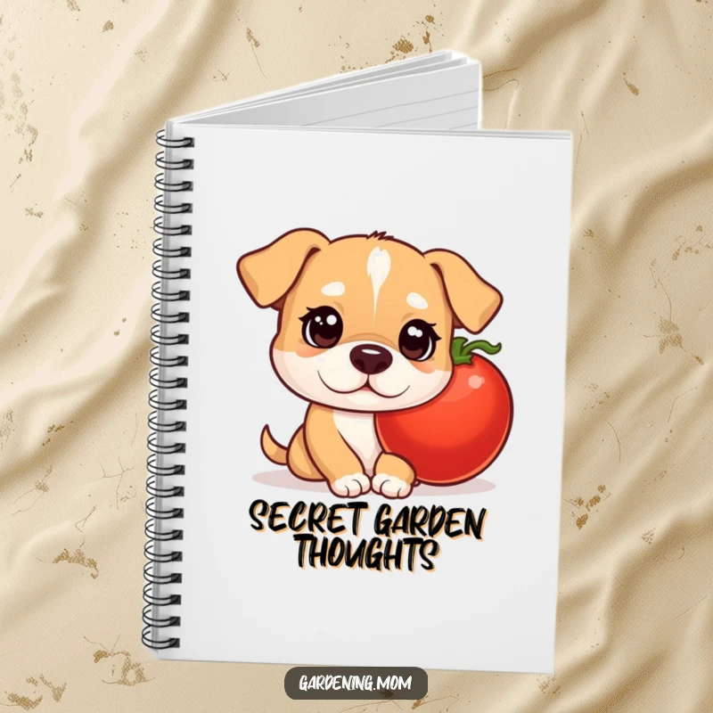 Funny mama dog notebook with curious eyes peeking from behind a tomato, perfect for recording garden plans and ideas.