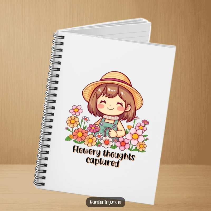 Funny notebook cover featuring a smiling gardening character wearing a straw hat, surrounded by blooming flowers, inspiring creativity.