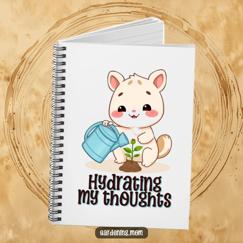 Funny happy animal character watering a small plant with a watering can, on the cover of a notebook for writing or planning.
