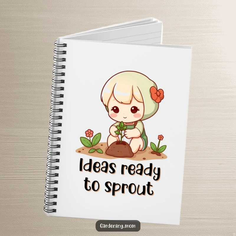 Funny notebook cover with a cute gardening character gently planting a tiny seed, inspiring creativity and organization.