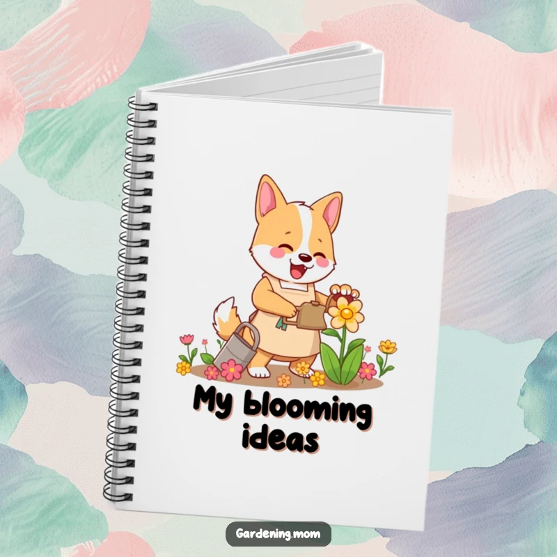 Funny Mama Dog Gardener Journal: A mama dog in an apron is shown enthusiastically watering a vibrant flower.