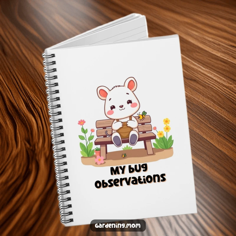 Funny gardening animal notebook: a cheerful critter sits on a garden bench, happily admiring a small bug, inspiring notes with a sense of wonder.