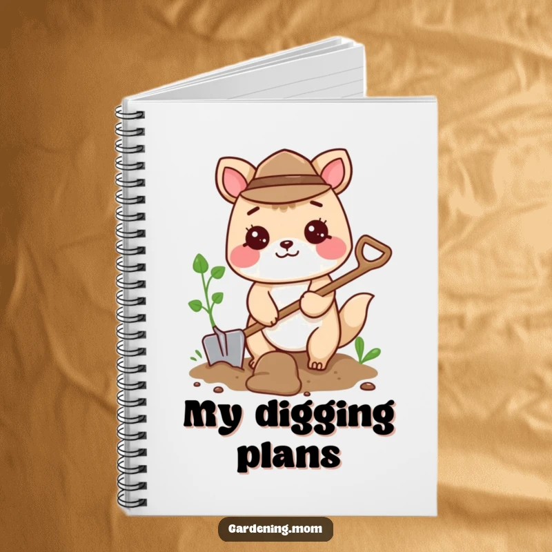 Funny notebook with a cheerful gardening animal character digging with a small shovel, perfect for planning and ideas.