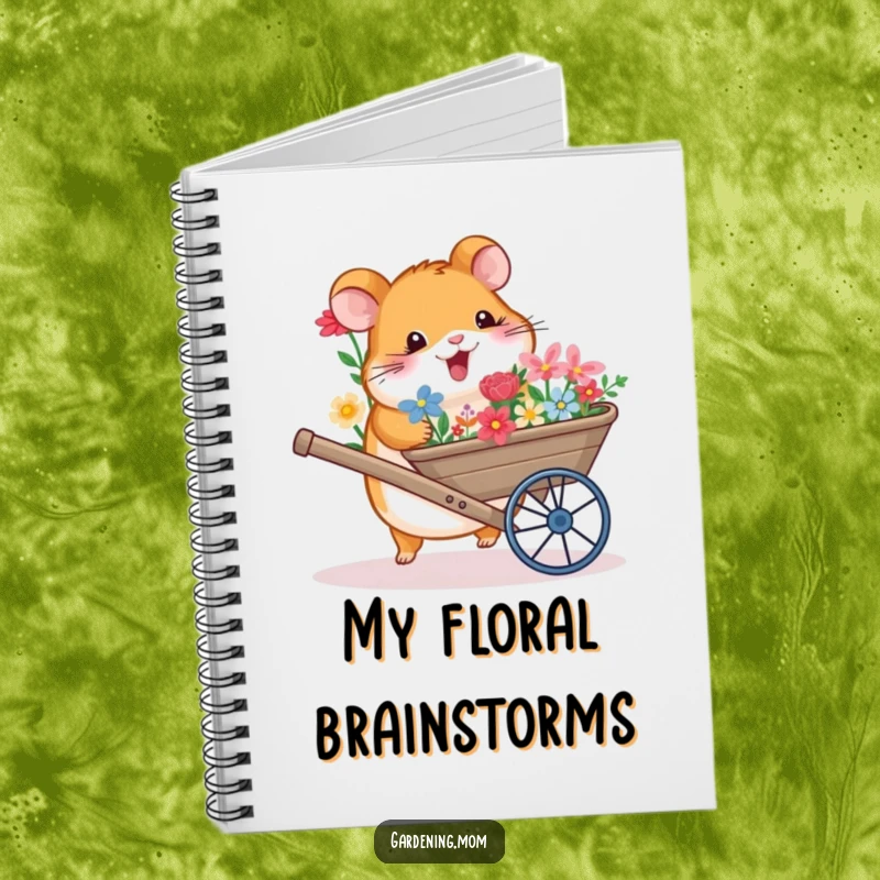 Funny notebook with a happy hamster pushing a wheelbarrow packed with colorful flowers, designed for note-taking.