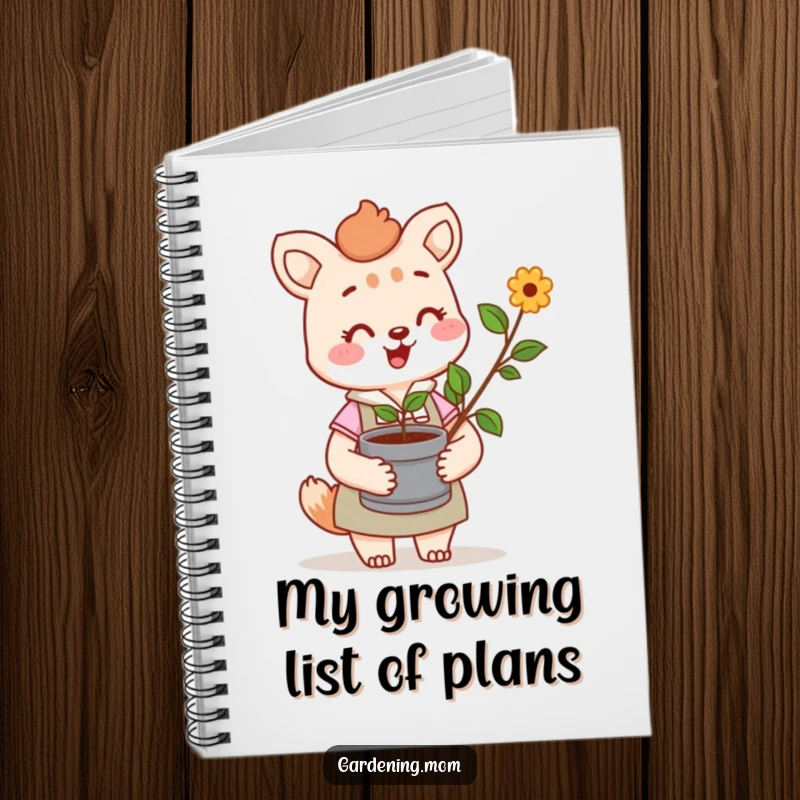 Funny notebook cover with a cheerful gardening mom animal character holding a sprout, symbolizing growth, creativity, and nurturing ideas.