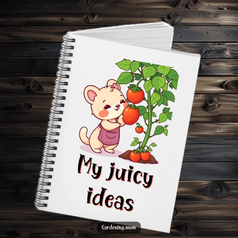 Funny gardening mom animal notebook cover: an animal mom reaching for a ripe tomato on the vine, a harvest planner.