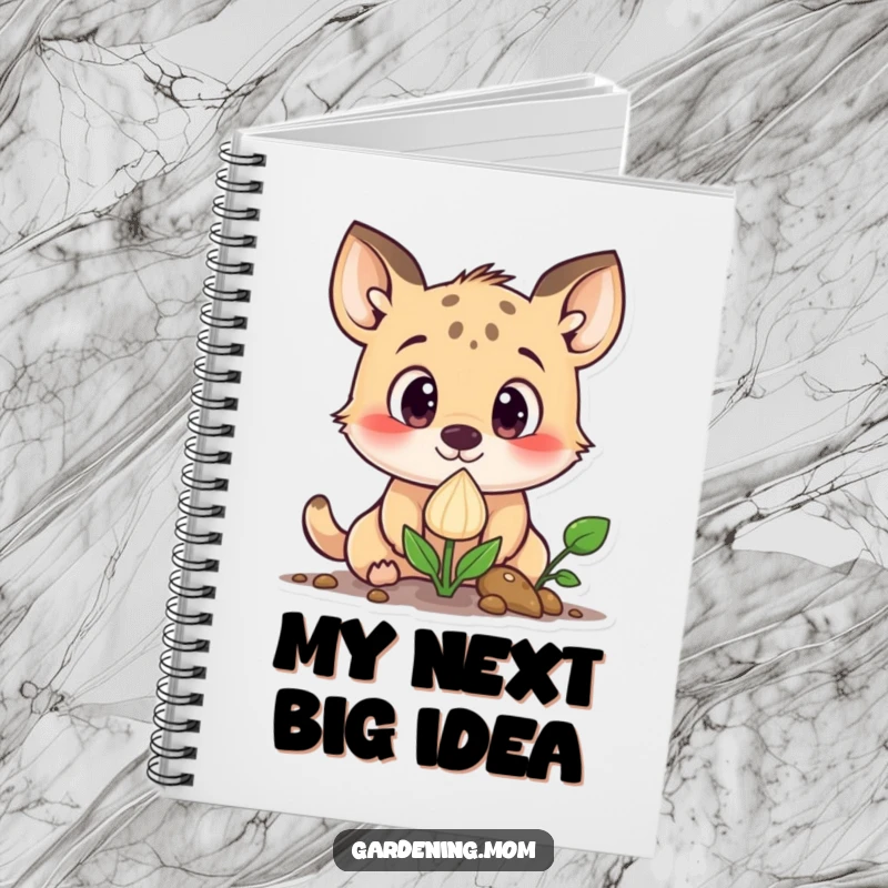 Funny curious animal character with wide eyes looking at a sprouting seed, on the cover of a notebook for writing or sketching.