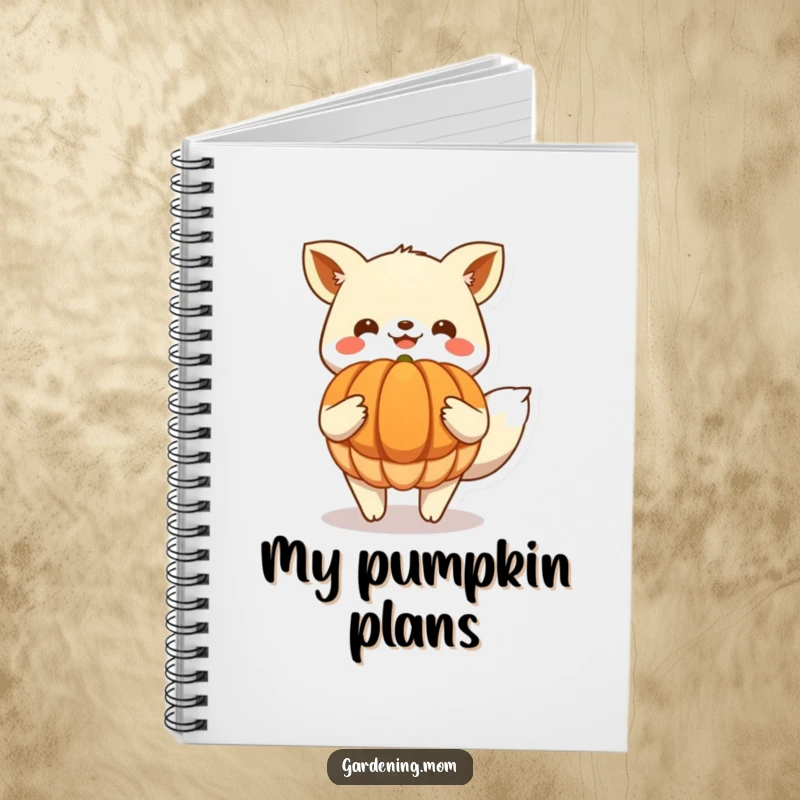Funny Notebook: Happy animal character showcasing a large harvested pumpkin, inspiring autumnal thoughts and creative writing prompts.
