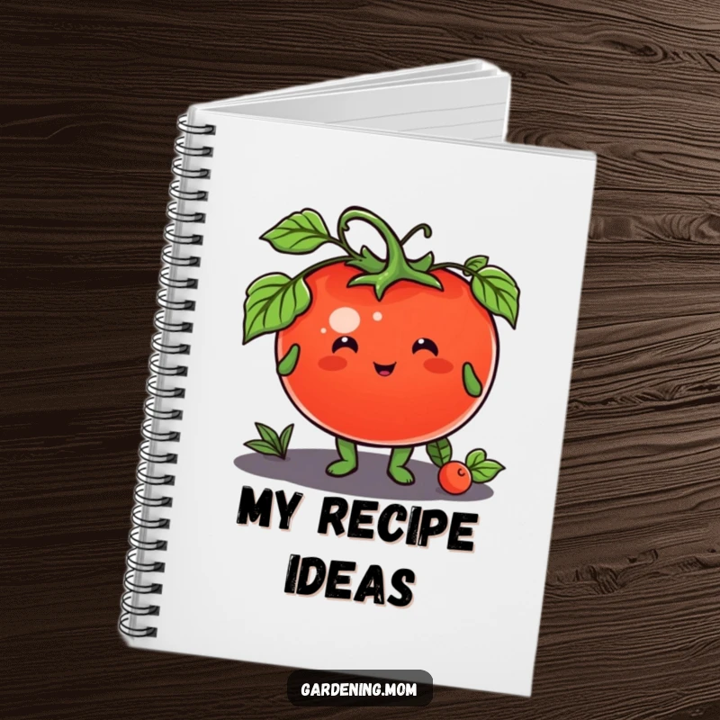 Funny notebook with a cheerful gardening animal character offering a plump tomato, perfect for recipes and notes.