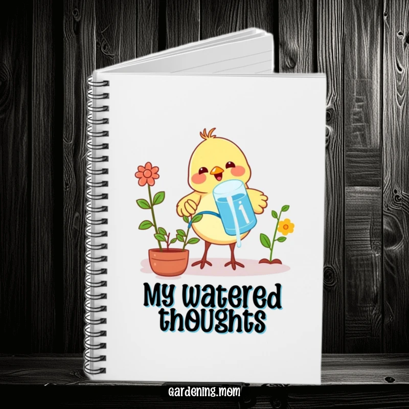 Funny notebook featuring a proud little bird watering plants with a beak-full of water, designed for note-taking.