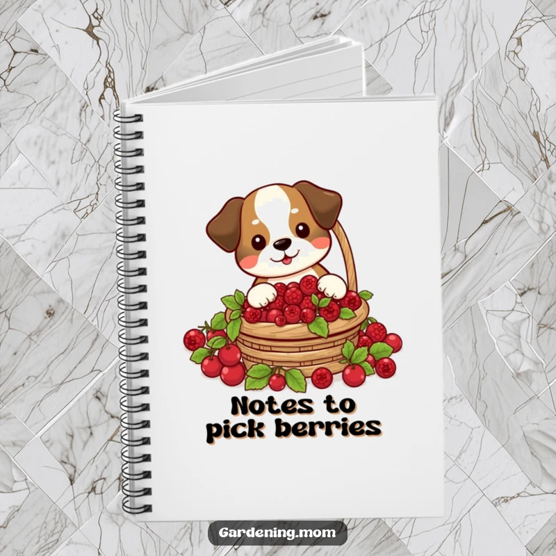Funny notebook featuring a dog joyfully harvesting a basket of red berries, perfect for notes and recipes.