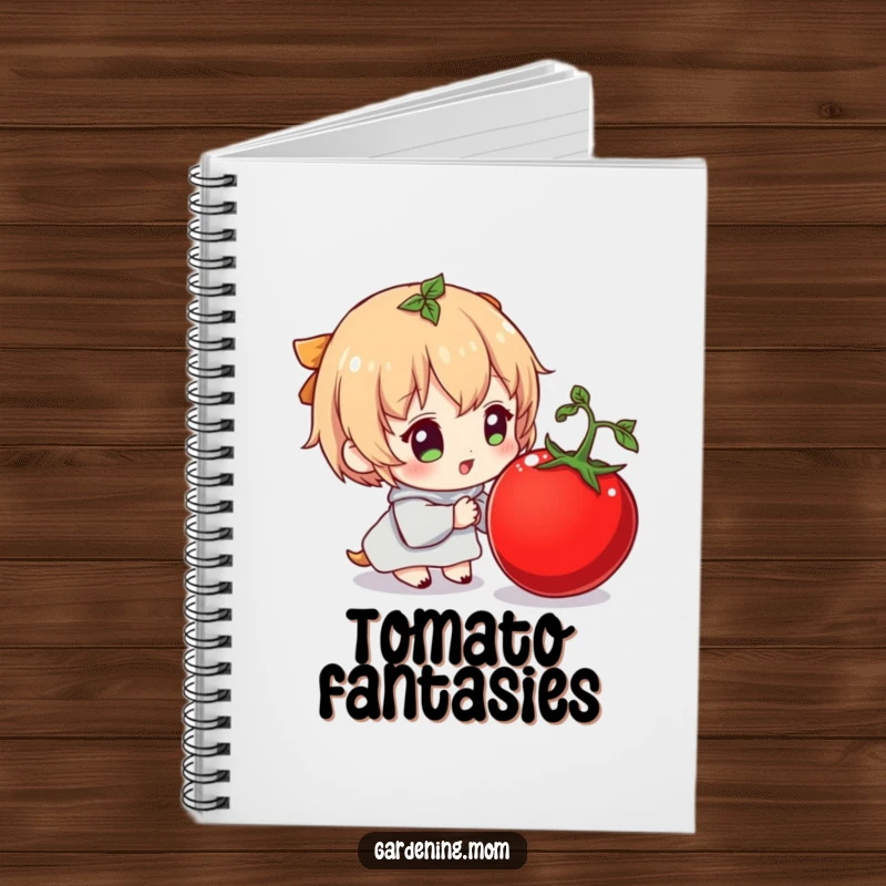 Funny notebook with a character expressing delight over a plump tomato, encouraging humorous note-taking and brainstorming.