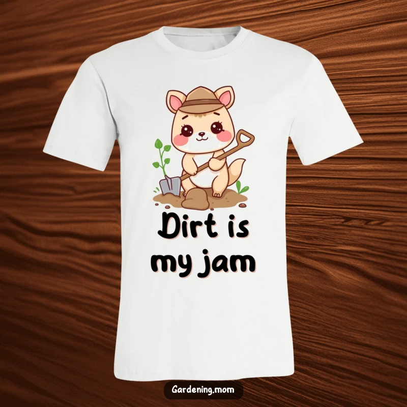 Funny t-shirt of a cheerful gardening animal character actively digging with a small shovel, embodying hard work and joy.