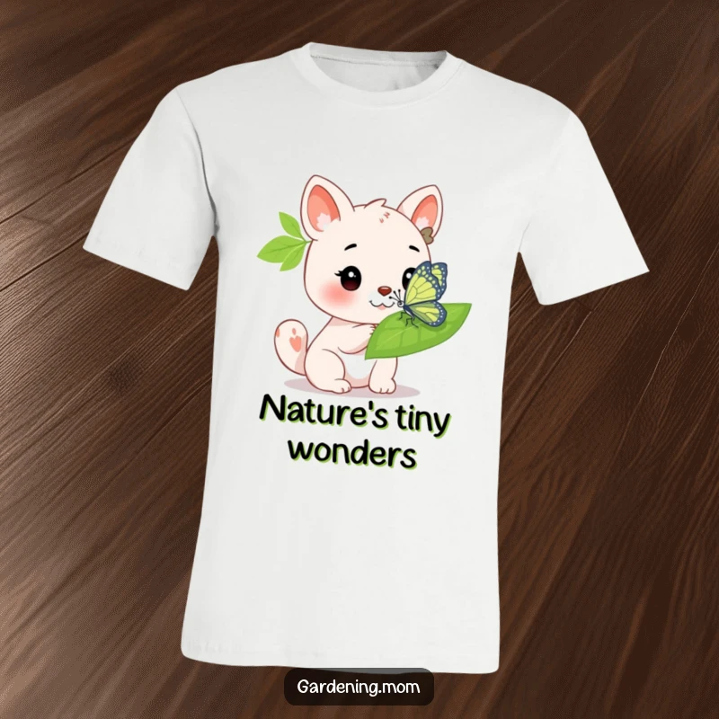 Funny T-Shirt: An animal character looking with admiration at a vibrant butterfly on a leaf, showcasing a peaceful scene.