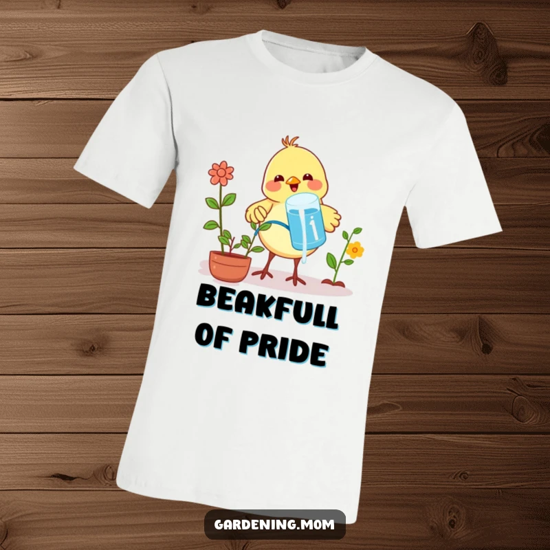 Funny T-Shirt: A proud little bird carefully waters plants using water from its beak, showcasing gardening dedication.