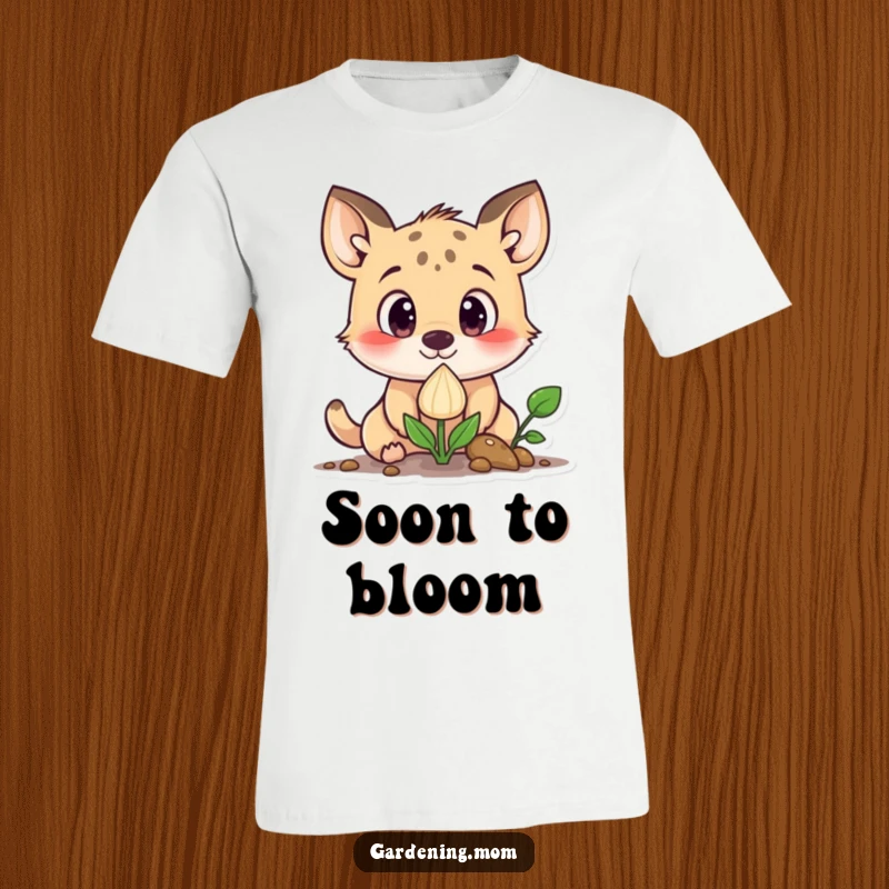 Funny curious animal character with wide eyes staring at a sprouting seed, printed on a t-shirt.