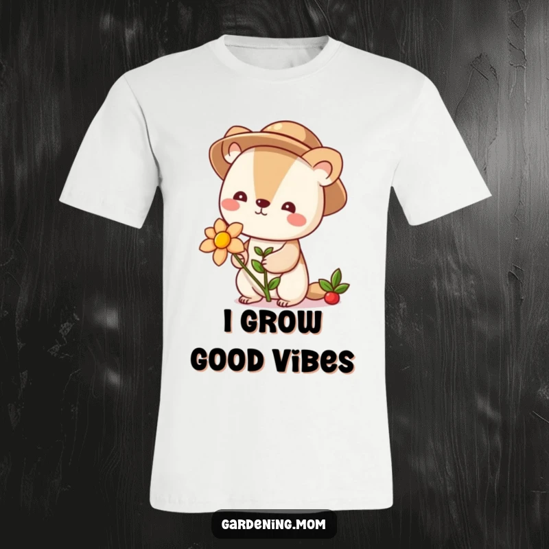 Funny cute animal character wearing a gardening hat and holding a vibrant blooming flower, designed for a t-shirt.