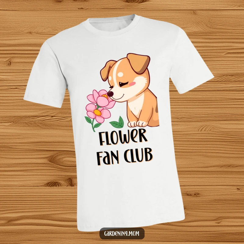 Funny dog admiring a blooming flower with pure delight, joyful expression, cheerful and humorous apparel, great funny gift.