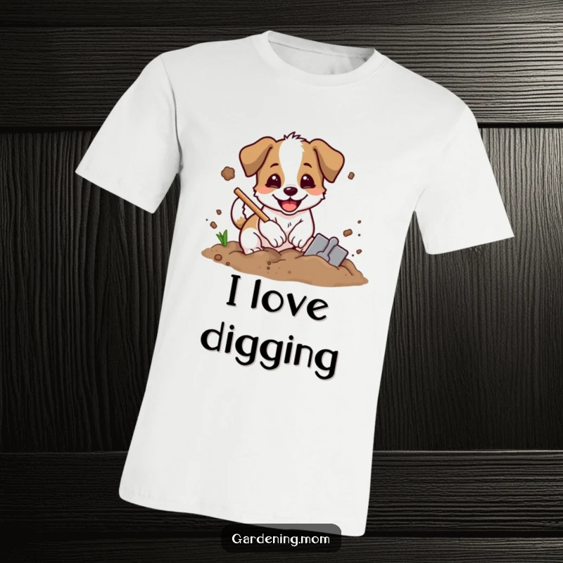 Funny digging dog t-shirt featuring an excited dog with a shovel, happily digging in soil with dirt flying, perfect for gardeners.
