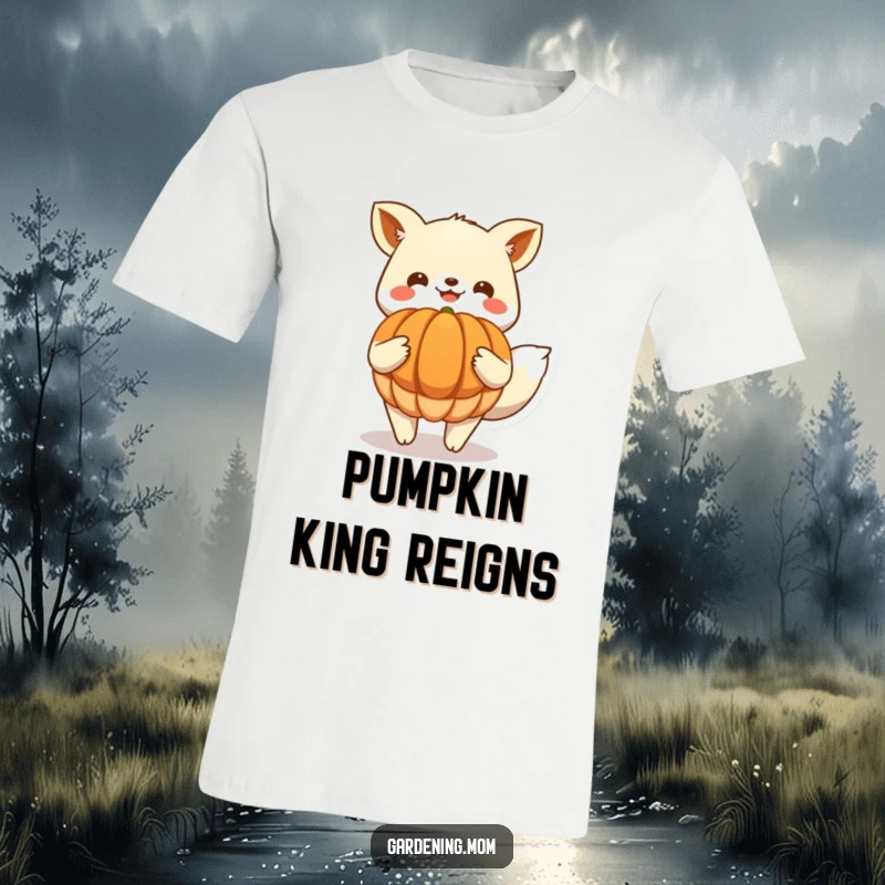 Funny T-Shirt: Overjoyed animal character proudly displaying a large, luscious harvested pumpkin, radiating festive autumn cheer and accomplishment.