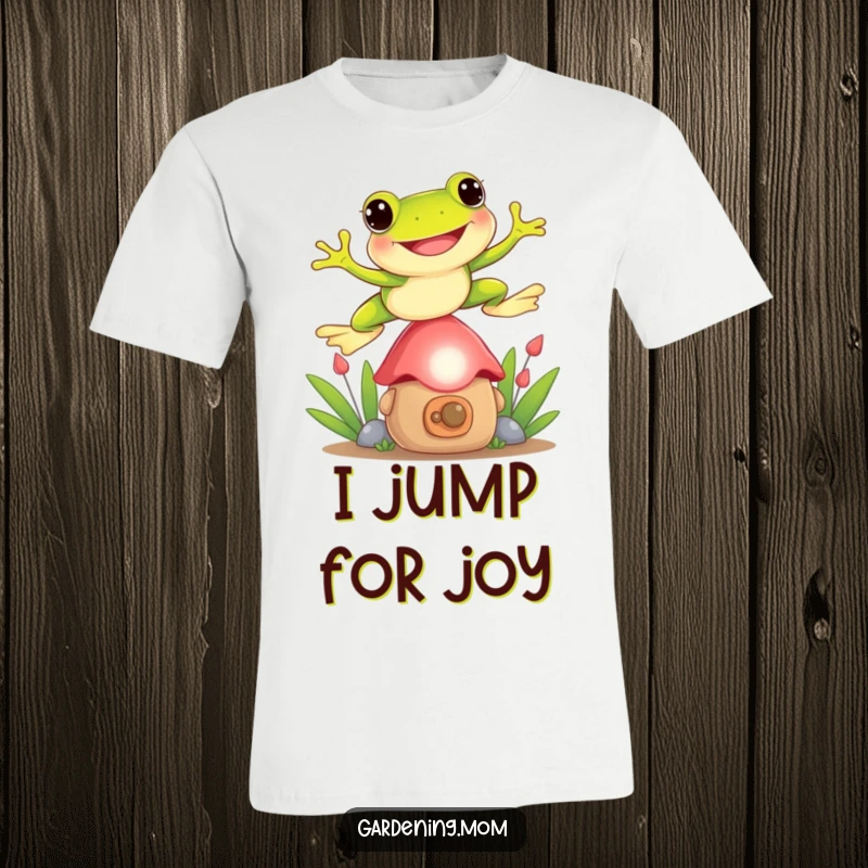 Funny Frog t-shirt depicting a playful frog leaping over a small garden gnome with a big smile, perfect for outdoor fun.
