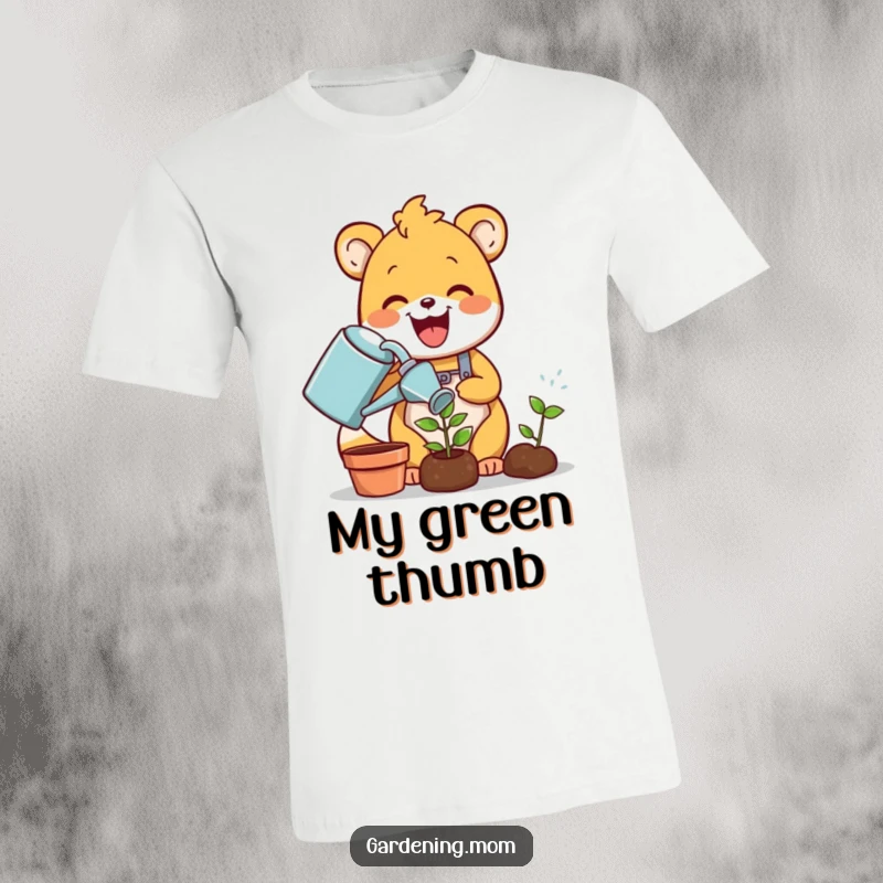 Funny gardening animal t-shirt: a delighted critter joyfully waters a tiny green sprout with a watering can, celebrating new growth.