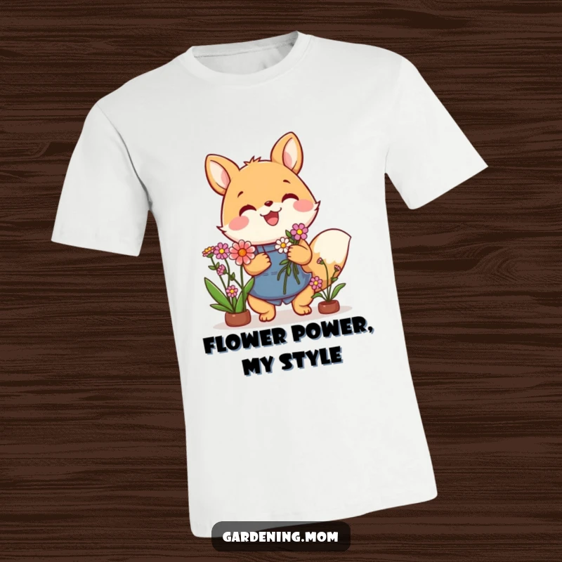 Funny t-shirt showcasing a happy gardening animal character holding a lush bouquet of flowers, radiating joy and nature's beauty.