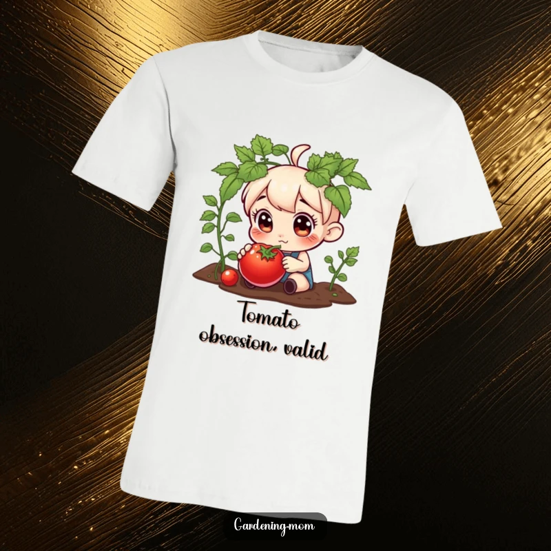 Funny t-shirt featuring a gardening character with wide, curious eyes, inspecting a plump, red tomato with fascination.