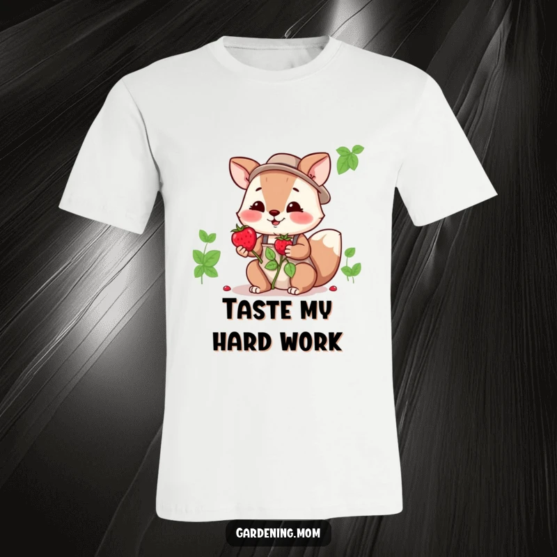 Funny gardening mom animal t-shirt design: an animal mom offering a juicy, freshly picked berry with a warm, inviting expression.