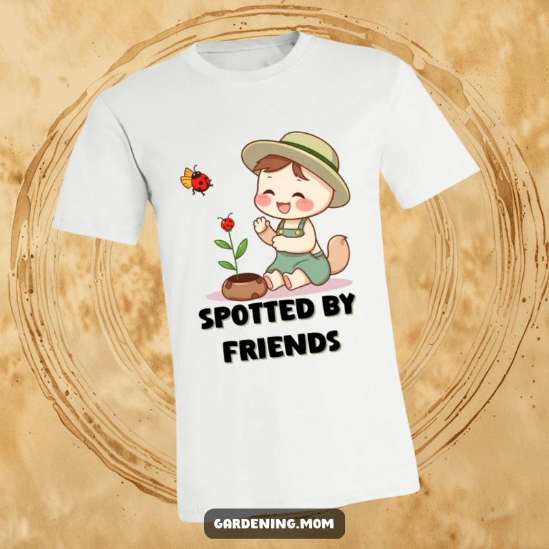 Funny gardening mom animal t-shirt design: an animal mom giggling while gently stroking a ladybug that is flying close.