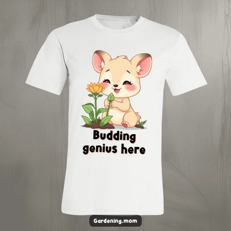 Funny t-shirt depicting an enthusiastic gardening mom animal closely examining a new bud, highlighting the joy of discovery.