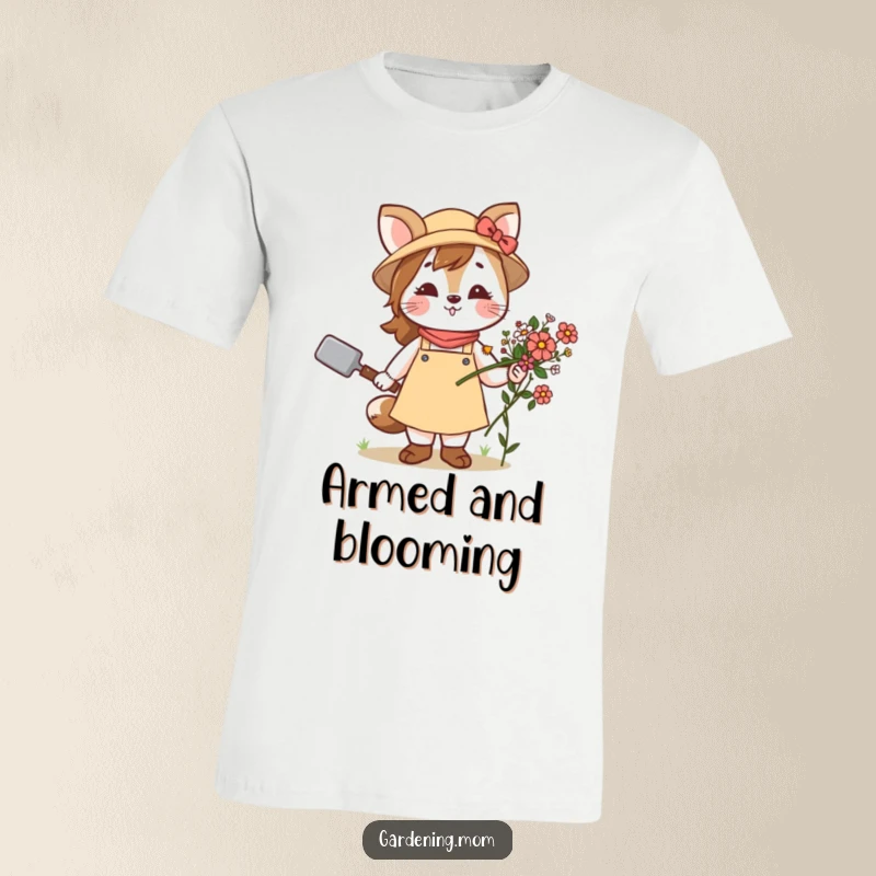 Funny t-shirt depicting a proud gardening mom animal holding a trowel and a bouquet of vibrant flowers, highlighting her achievements.