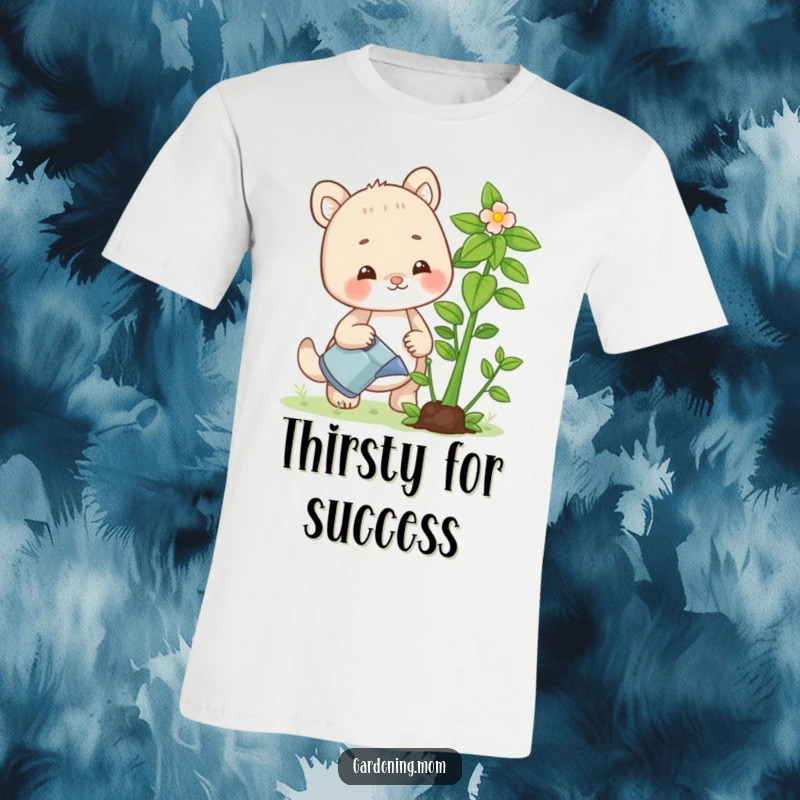 Funny t-shirt depicting a joyful gardening mom animal watering a vibrant, lush plant, highlighting her dedication to growth.