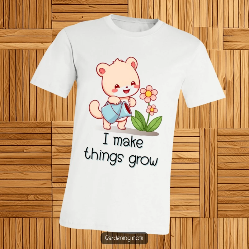 Funny t-shirt depicting a cheerful animal character with a watering can, nurturing a flourishing flower, radiating pure gardening happiness.