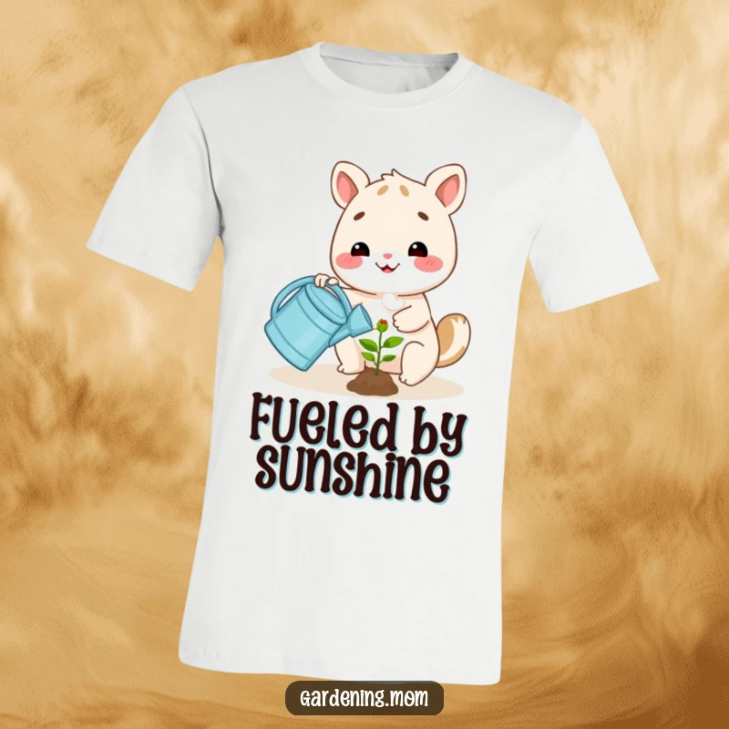Funny happy animal character happily watering a small plant with a watering can, printed on a comfortable t-shirt.