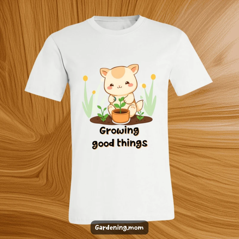 Funny kawaii gardening t-shirt depicting a cute animal character gently watering a tiny sprout, expressing a love for plants.